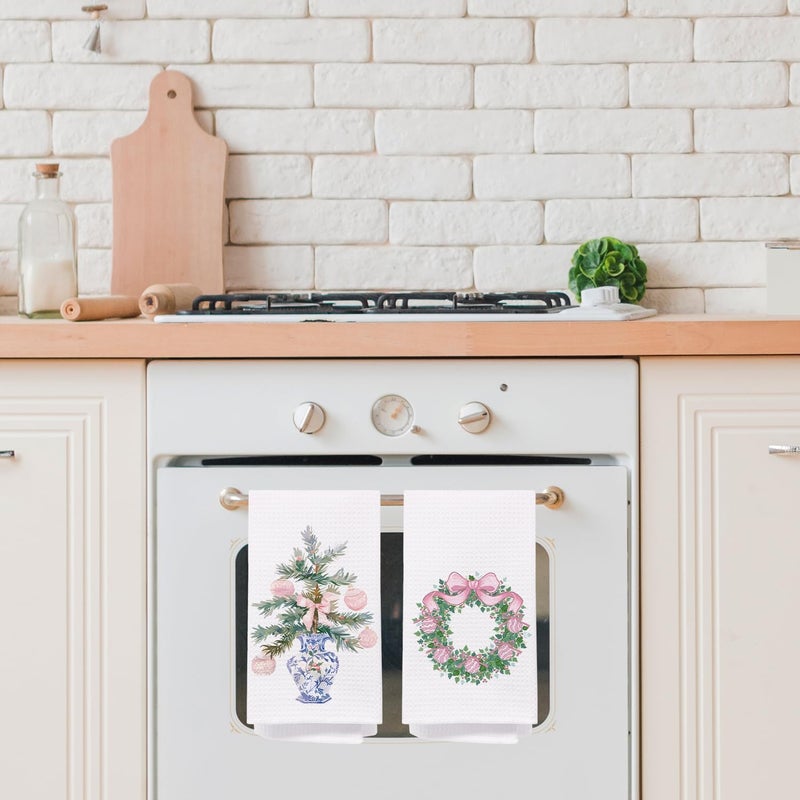 SPBL&L Chinoiserie Christmas Kitchen Towels,Light Blue Bow Coquette Christmas Tree Dish Towels for Kitchen Bathroom, Blue Christmas Hand Towels for Kitchen,Set of 2 Grandmillennial Decor,16x24 Inches - Image 2